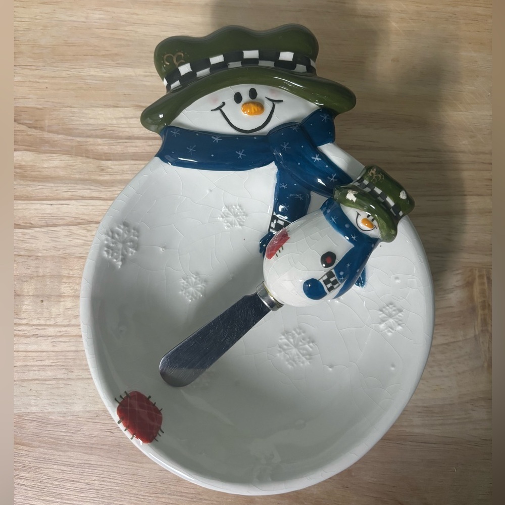 Jayne 2007 Snowman Ceramic Serving Bowl & Spreader Set